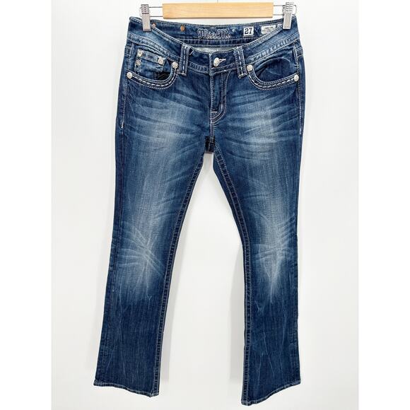 Miss Me Bootcut Jeans Lace Sequin Flap Pockets Denim Dark Wash Womens Size 27 - Picture 1 of 9